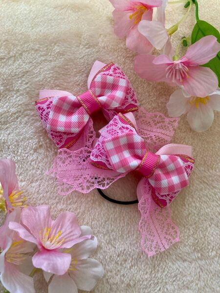 【☆新作J☆】ピンク系☆チェック☆レース☆リボンヘアゴム☆卒園卒業式☆入園入学式☆ゆめかわ☆プレゼント☆キュアアイドル