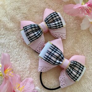 【38】大人可愛い☆ピンク☆ファブリックリボン☆チェック☆リボンヘアゴム☆卒園卒業☆入園入学☆制服☆発表会