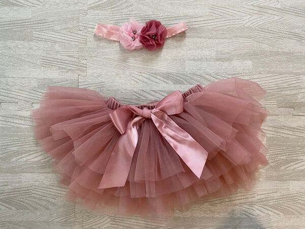 ベビー服 女の子 チュチュスカート ヘアバンド セット ピンク