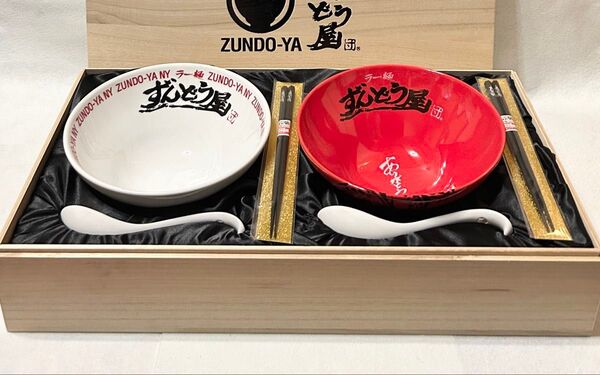 ずんどう屋 ラーメン鉢 紅白 ラー麺 鉢 レンゲ 箸 セット レア品 木箱