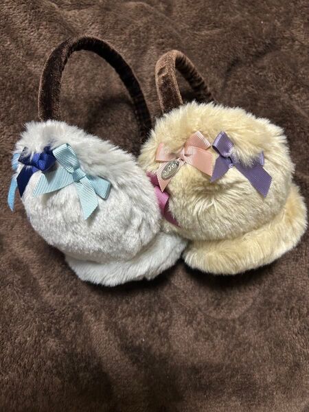 美品 Pom Ponetteポンポネット イヤーマフ 耳あて 2個セット 折りたためる グレー系 ベージュ系 ナルミヤ長さ調整可