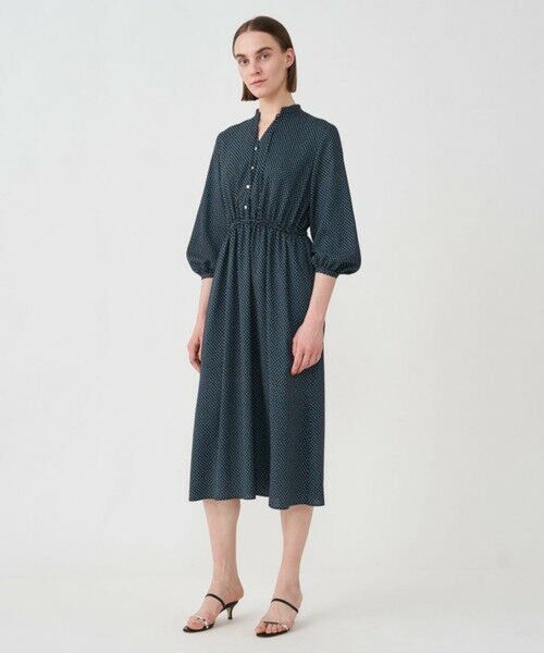 美品 Ballsey ボールジー ジオメトリックスクエアプリント ウエストシャーリングワンピース ネイビー 36 2023SS