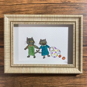 手書きイラスト 透明水彩 「買い物途中のねこさん兄妹」