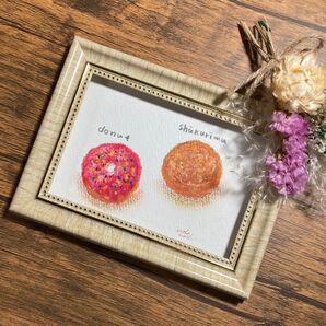 ハンドメイド 手書き オイルパステル 「ドーナツとシュークリーム」