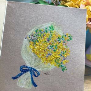 ハンドメイド オイルパステル 手書きイラスト 「ミモザの花束」 「花達」