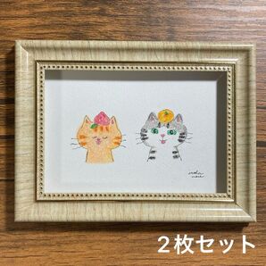 手書き イラスト 一点物 オイルパステル 「乗っけてみたにゃー」 「恋の花」