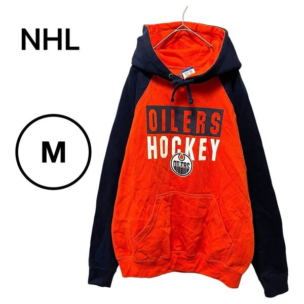 US古着 NHL エドモントン オイラーズ ホッケー チームロゴ スウェットパーカー タグ付き オレンジ ネイビー M バイカラー