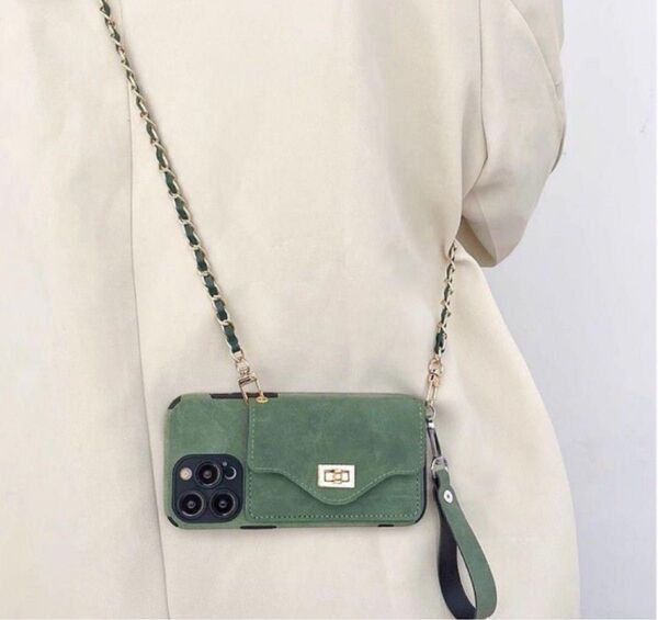 おしゃれ IPhone 14ケース かわいい グリーン スマホケース ショルダー 大人気アイフォーン カード入れ ストラップ付き