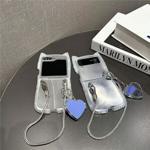 かわいい 猫耳 Galaxy Z Flip6ケース ストラップ ミラ ハート