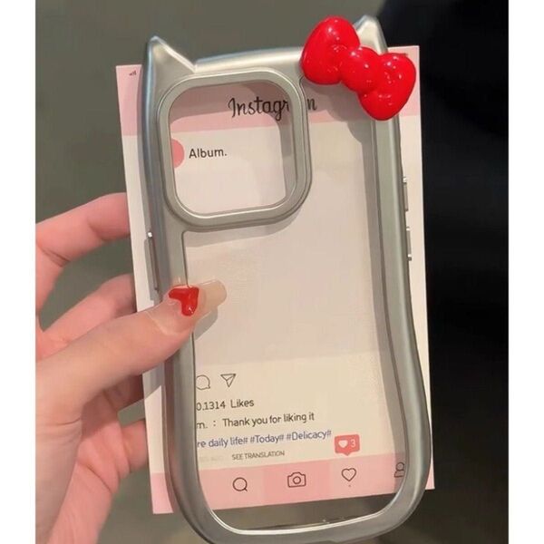 かわいい 猫の耳 IPHONE 16ケース レッド ブラック リボン メッキ加工