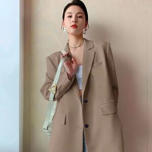 ジャケット レディース 上質 Vネック スーツ ロング ボタン留め ポケット 着せ 無地 シンプル 大人(サイズ:L)