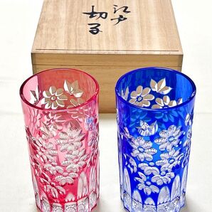 江戸切子 伝統工芸士 篠崎 清一作 レッド&瑠璃色被 クリスタル花文 グラス2客