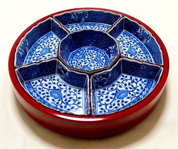 新品 三洋陶器 美濃焼 龍峰窯 ネジリ祥瑞 染付唐草 オードブル 回転皿 希少品