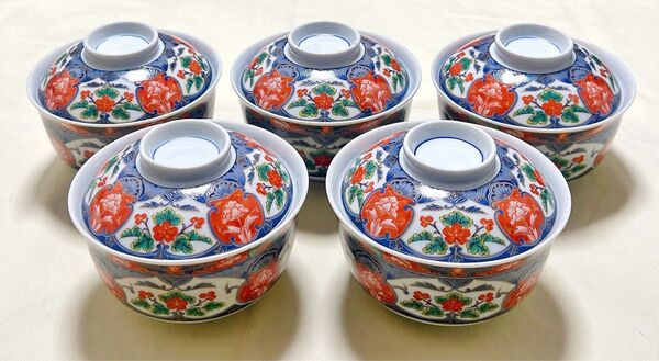 新品 有田焼 南風窯 古伊万里 色絵花文 蓋付雑煮椀 多用丼5客