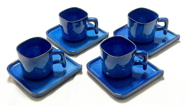 南紀御浜窯 御浜焼 角デミタスコーヒーカップ&角ソーサー 碗皿4客セット 希少品