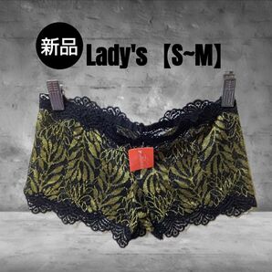 ◆新品未使用◆タグ付き◆ 黒×金 葉柄ヒップハンガータイプショーツ レースショーツ 透け感あり