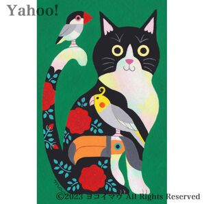 原画「猫と小鳥のポップアート 緑」イラスト/アート/絵画/オカメインコ/文鳥/オニオオハシ