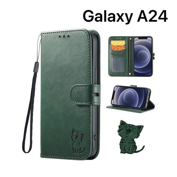 Galaxy A24 ケース 手帳型 スマホ PUレザー TPU 収納 スタンド 猫 耐衝撃 レトログリーン