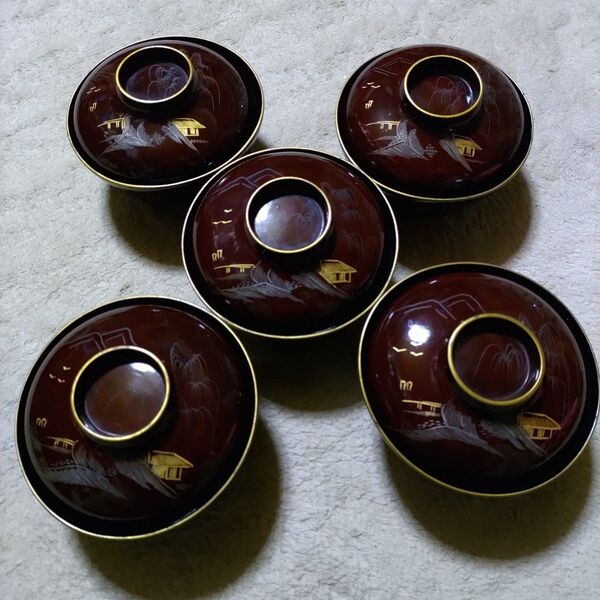 吸物椀 えんじ色と茶色の椀 蓋 5個セットレトロ