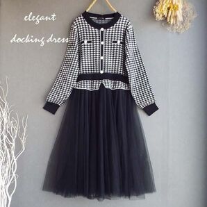 新品未使用入卒セレモニーワンピース千鳥柄 チュール スカート レディース 体型カバー s3545