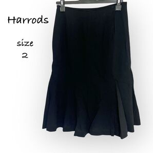Harrods ハロッズ フレアマーメイドスカート 裏地ありブラック サイズ2 サマーウール100%