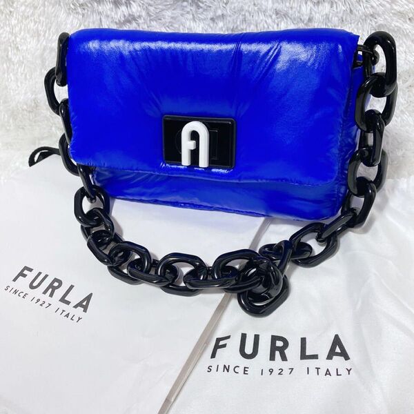 【希少・美品】FURLA フルラ 1927 ソフトミニ ショルダーバッグ ブルー ターンロック チェーン バッグ バック 青