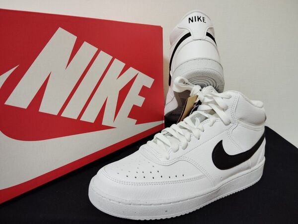 新品25.5cmナイキNIKEメンズスニーカーコートビジョンミッドホワイトブラック白黒エアフォース1AF1ハイカット好きに