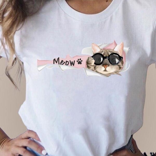 【人気】 猫 プリント Tシャツ カットソー イラスト XL ホワイト ⑧