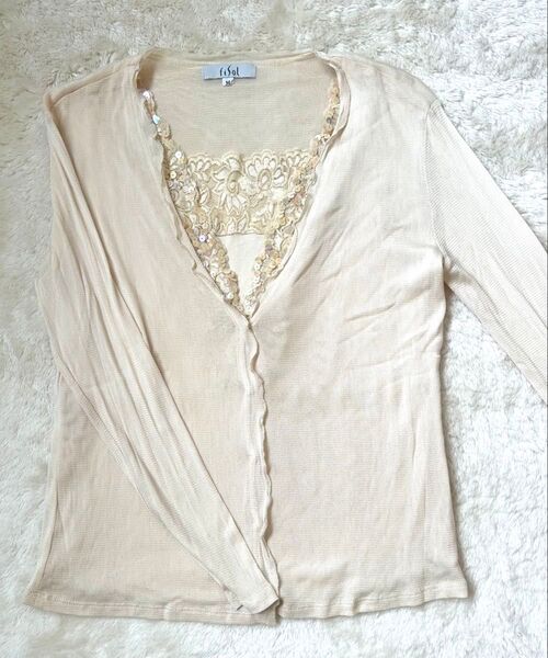 シルクトップス ベージュ レース スパンコール M