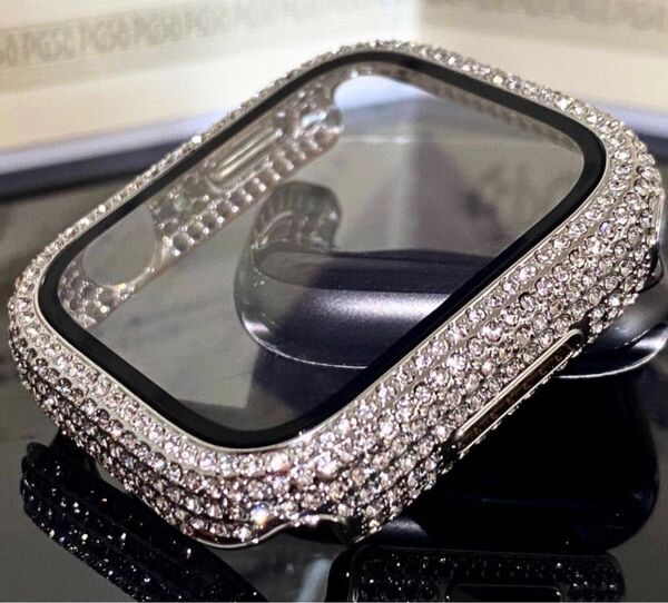 シルバー★Apple Watchパヴェglassカバー アップルウォッチ画面保護ケース 高級フレーム バンパー ギフトボックス付き