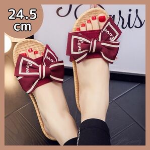 レディース サンダル 24.5 ボルドー リボン ぺたんこ 軽量 夏 かわいい