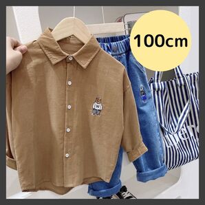 キッズ コーデュロイ シャツ 100 ブラウン 長袖 くま ワンポイント 韓国