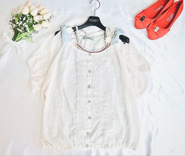 OLIVE des OLIVE オリーブデオリーブ アイボリー レース リボン 半袖 トップス 完売 ブルー 水色 ホワイト
