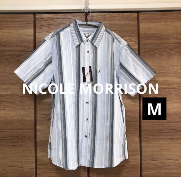 【新品未使用】NICOLE MORRISON 半袖ストライプシャツ 青 M