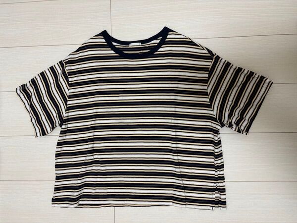 【GU】ワイドフィットTシャツ(5分袖)マルチボーダー・ネイビー・L