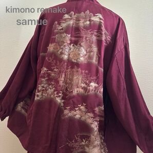 色留袖 家紋 おしゃれ作務衣 正絹 単衣 上下セット 着物リメイク kimono 着物女子 レディース 在庫1点