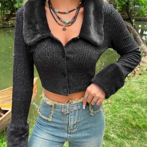 SHEIN ブラック ファートップス カーディガン