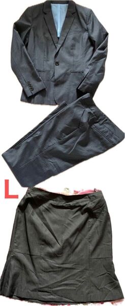 グレーストライプ パンツ スカート スーツ3点セット L