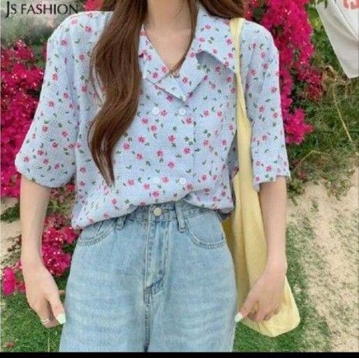 JS FASHION 小花柄ブラウス ブルー フリーサイズ