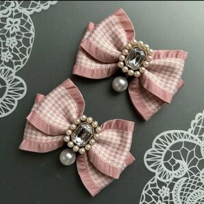 ダブルパール千鳥格子リボン ピンク 2個セット ヘアクリップ 量産型 地雷 ゴスロリ ロリータ 担当カラー 推し