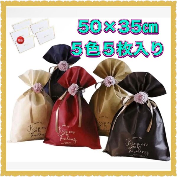 ラッピング袋 大きい 50㎝×35㎝ 包む ギフト袋 5色セット 不織布 リボン