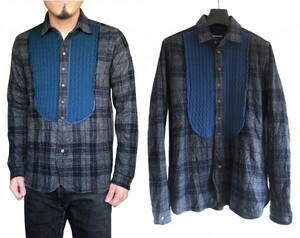  regular price 3.8 ten thousand 08sircus cable knitted × wool wrinkle processing check shirt 46 gray blue 08 circus sircus