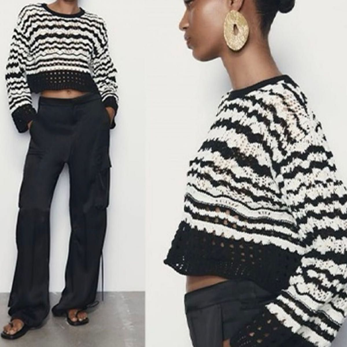 ZARA コントラストシェニールカーディガン Lサイズ 目黒蓮着用 ZARA コントラストシェニールカーディガン Lサイズ 目黒蓮着用