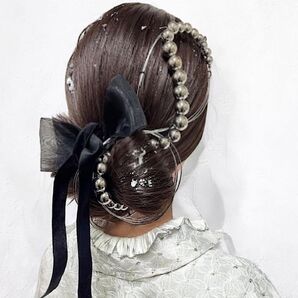 flower studio no107 ランダムボールチェーンリボン髪飾り 卒業式 髪飾り 成人式 銀箔 水引 シルバー