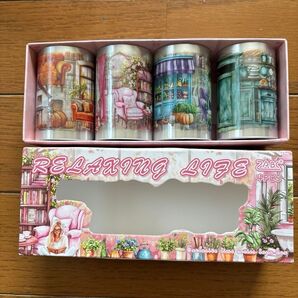 未使用 リラックスタイム4巻セット PET 防水 DIY クラフト シール 海外 コラージュ ステッカー マスキングテープ