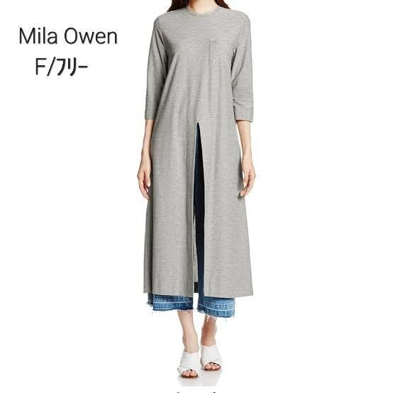 ミラオーウェン Mila Owen ワンピース Iライン ロング スリット 無地 七分袖 F グレー
