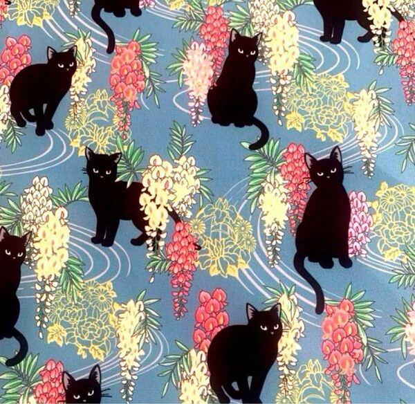 撥水加工 生地 ハギレ 猫柄 藤 ふじの花 黒猫 和風 100cm