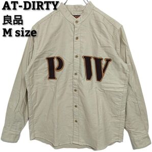 【良品】アットダーティー AT-DIRTY 捕虜 PWワッペン スタンドカラー フランネル生地長袖シャツ カーキ メンズ Mサイズ