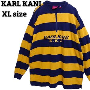 カールカナイ KARL KANI オーバーサイズ ハーフジップ ボーダーシャツ 刺繍ロゴ ネイビー×イエロー メンズ XLサイズ