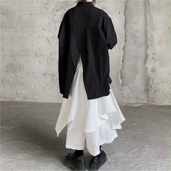 在庫3点 黒 シャツ オーバーサイズ アシンメトリー 不規則な 春夏 M・L 体系カバー ゆったり ブラック&ホワイト L M